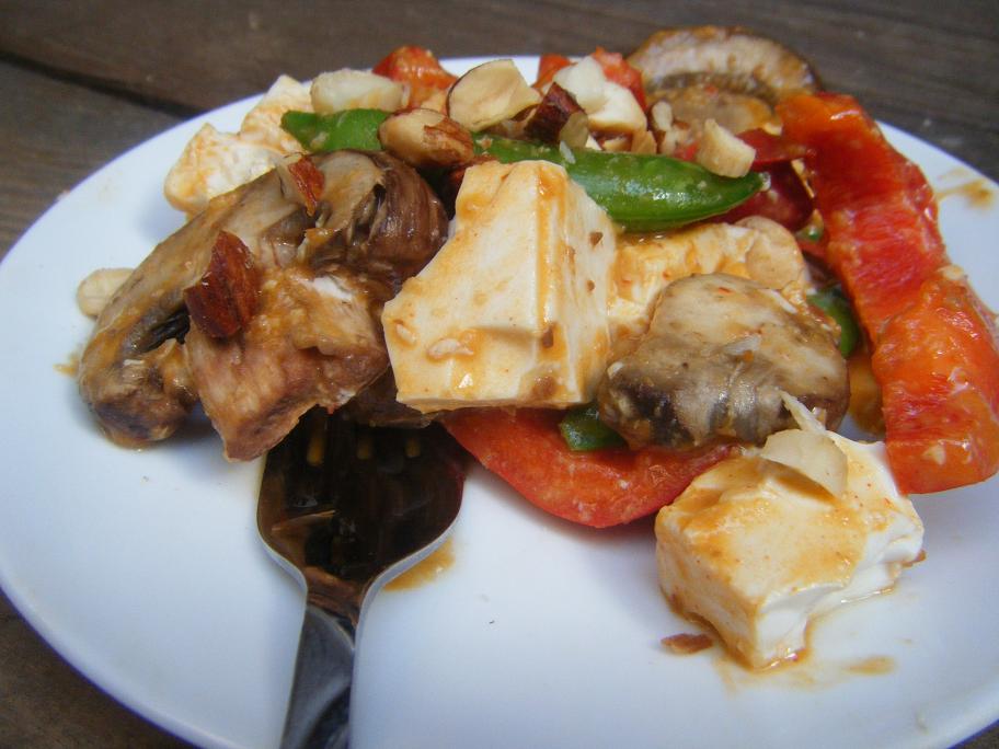 Spicy StirFried Tofu with Snow Peas, Peanut Butter, and Mushrooms