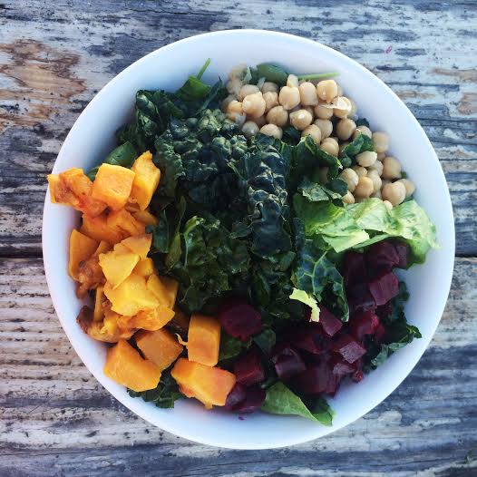 Salad with kale, chickpeas, and butternut squash.