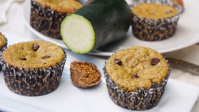 Chocolate chip zucchini muffins with figs.